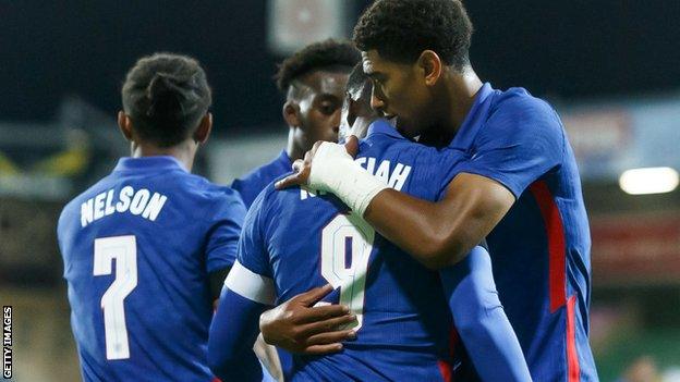 England Under-21s celebrate a goal in Austria