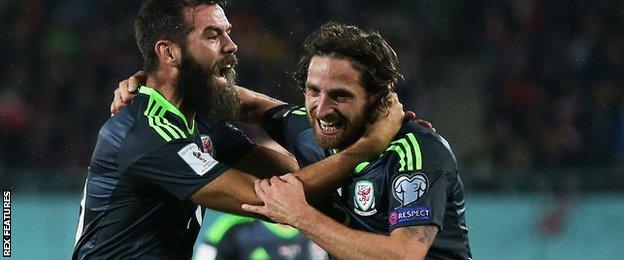 Joe Allen (right) celebrates with Joe Ledley