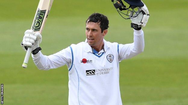 Derbyshire batsman Wayne Madsen celebrates his century against Warwickshire