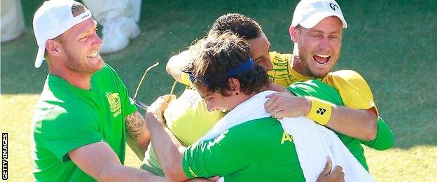 Australia celebrate beating Kazakhstan in the Davis Cup