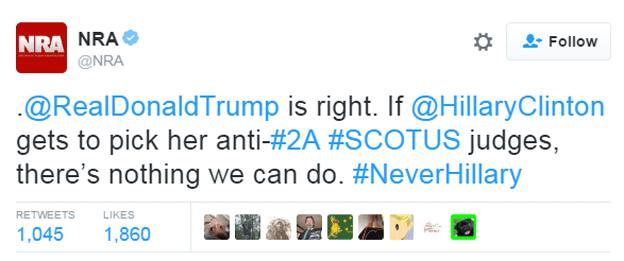 NRA tweet: "Donald Trump is right. If Hillary Clinton gets to pick her anti-2A Scotus judges, there's nothing we can do