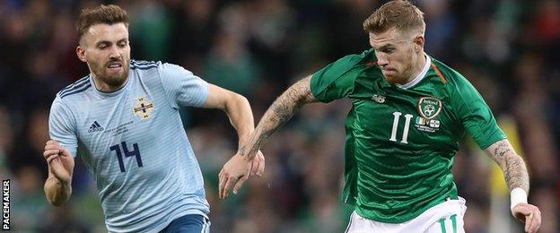 Stuart Dallas, a star performer for Northern Ireland, in action against the Republic's James McClean