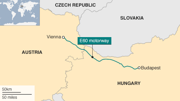 Map showing Hungary, Austria and motorway between them