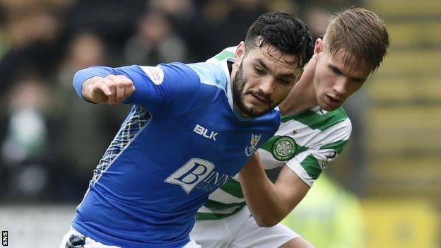 Tony Watt in action for St Johnstone against Celtic's Kristoffer Ajer