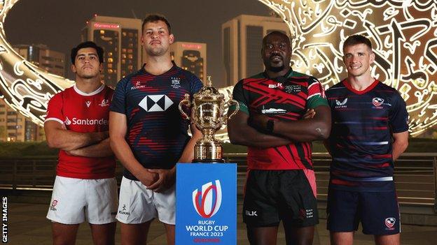 Tomas Appleton of Portugal, Josh Hrstich of Hong Kong, Daniel Sikuta of Kenya and Alan McGinty of the United States at the at the Museum of the Future in Dubai ahead of the Rugby World Cup 2023 final qualification tournament