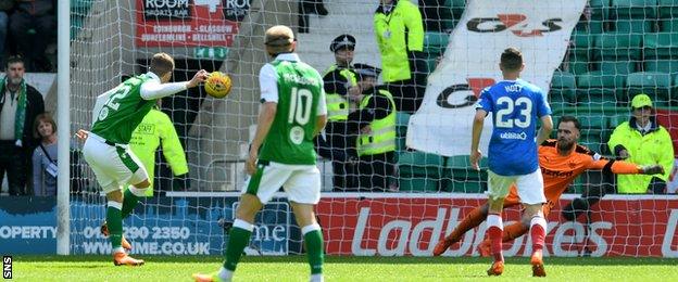 Florian Kamberi opens the scoring for Hibernian from the penalty spot