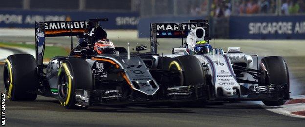 Nico Hulkenberg in a collision with Felipe Massa at the 2015 Singapore Grand Prix