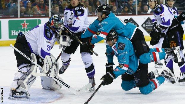 Braehead's Chris Holt and Chris Higgins of the Giants in action at the SSE Arena