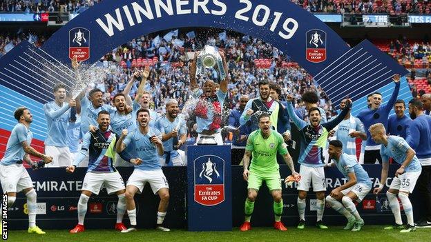 Manchester City celebrate winning the FA Cup in 2019