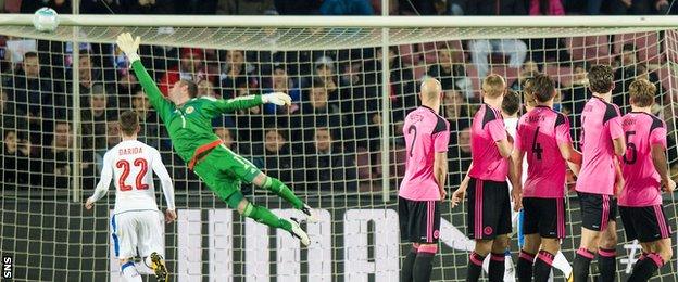 Allan McGregor makes a save for Scotland against Czech Republic