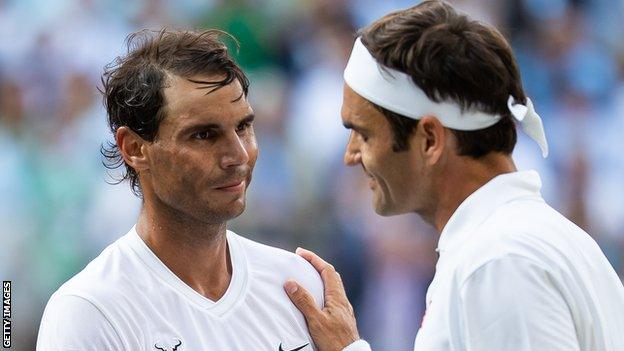 Rafael Nadal congratulates Roger Federer after their 2019 Wimbledon semi-final