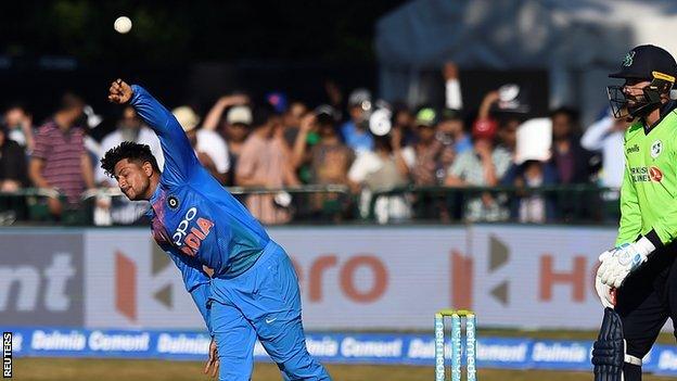 India spinner Kuldeep Yadav sends down a delivery in an impressive display in the T20 opener