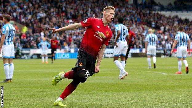 Manchester United's Scott McTominay celebrates scoring against Huddersfield