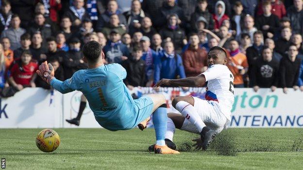 Alfredo Morelos had one of Rangers' best chances but was thwarted by Liam Kelly