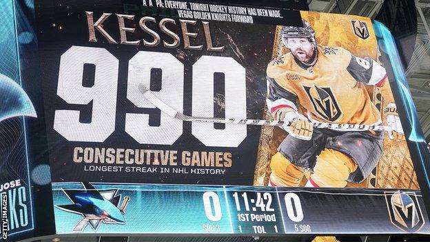 Screen at San Jose Sharks congratulates Phil Kessel on 990th consecutive appearance in the NHL