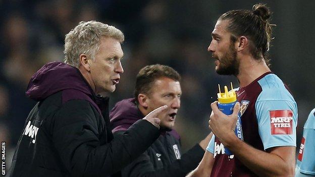 West Ham manager David Moyes (left) and striker Andy Carroll