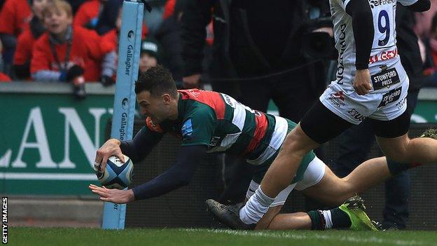 Jonny May scores the first of his two tries for Leicester v Gloucester