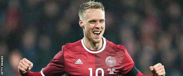 Denmark's Nicolai Joergensen celebrates scoring against Iceland