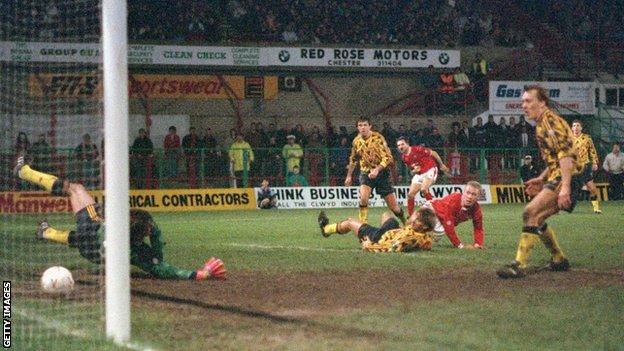 Steve Watkin scores against Arsenal in 1992