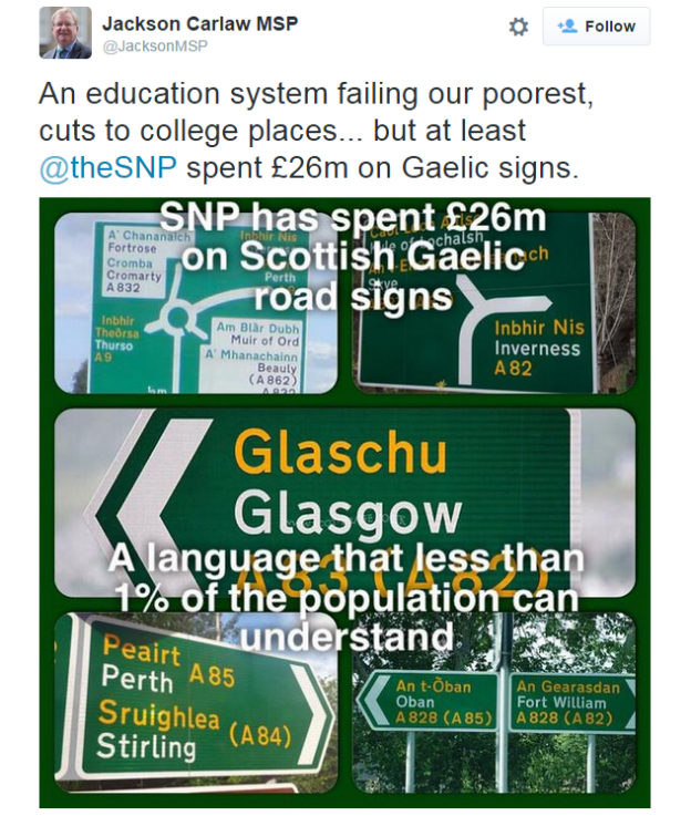 Jackson Carlaw tweet/An education system failing our poorest, cuts to college places... but at least @theSNP spent £26m on Gaelic signs.