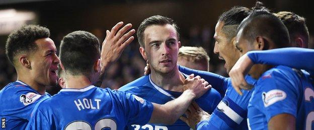 Rangers players celebrating a goal against Motherwell