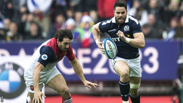 Sean Maitland races for the ball during Scotland's Six Nations defeat by France in February