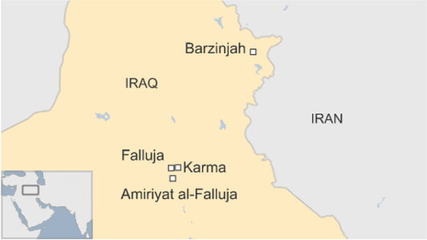 map of Iraq, showing cluster of towns Falluja, Karma and Amiriyah al-Falluja, and Barzinjah much further north