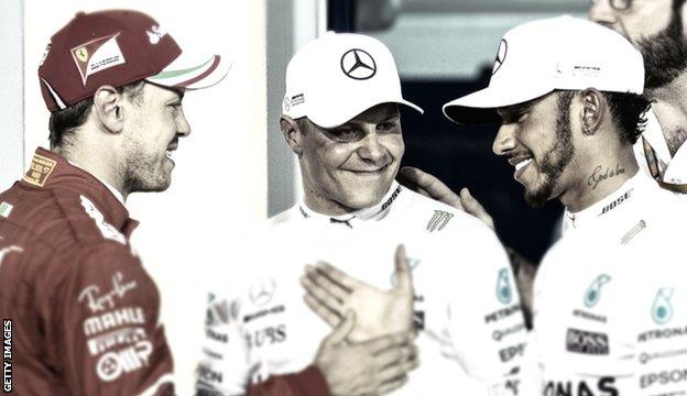 Sebastian Vettel, Valtteri Bottas and Lewis Hamilton