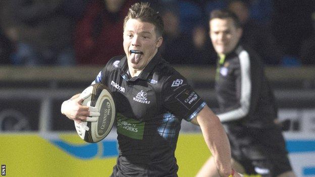 George Horne races away to score a try for Glasgow