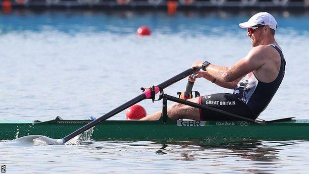 Great Britain's Alan Campbell on his way to victory in his single sculls heat in Rio