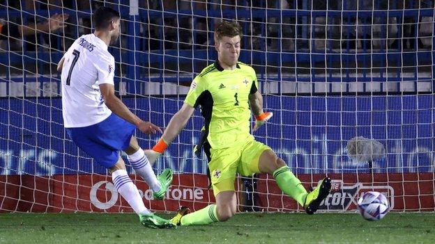 Giorgos Masouras shots past Bailey Peacock-Farrell to put Greece 2-1 in front