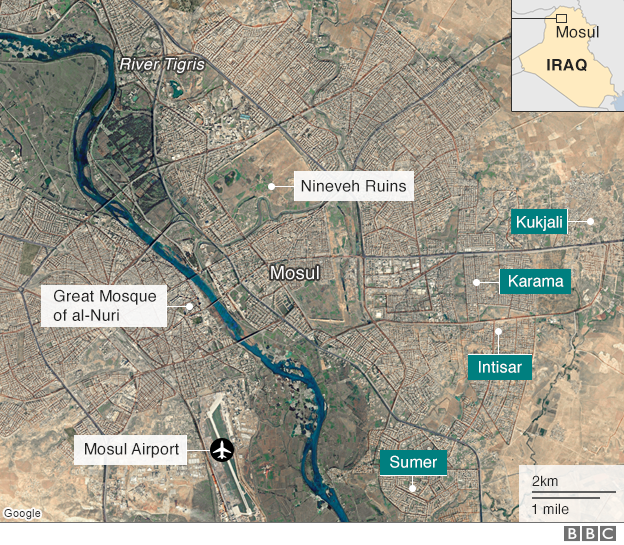 Map showing key locations in Mosul