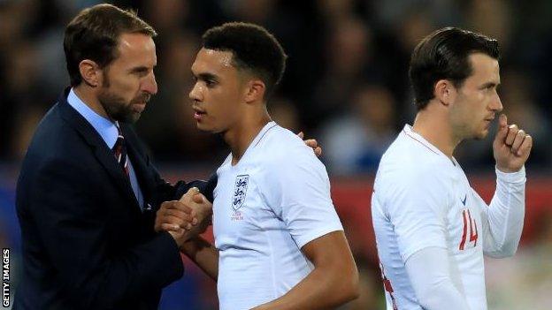 Gareth Southgate, Trent Alexander-Arnold and Ben Chilwell