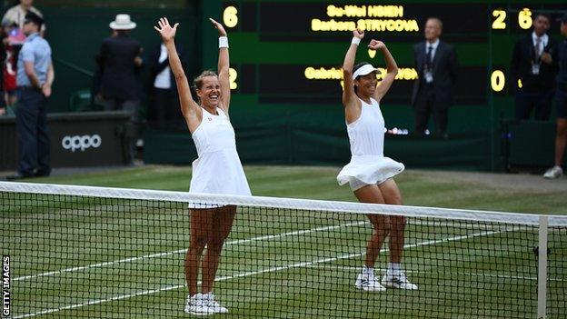 Barbora Strycova and Su-Wei Hsieh celebrate winning the women's doubles at Wimbledon