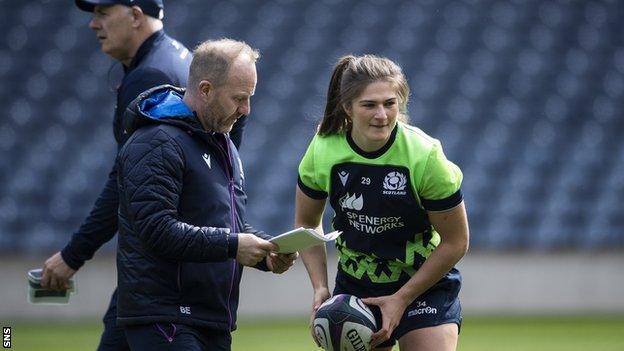 Scotland head coach Bryan Easson speaks to Helen Nelson