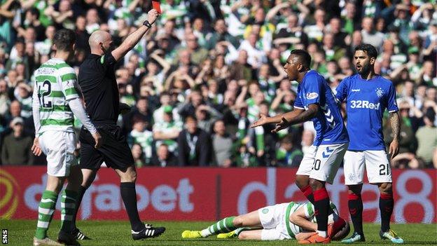 Alfredo Morelos was shown a 31st-minute red card as Rangers lost to Celtic