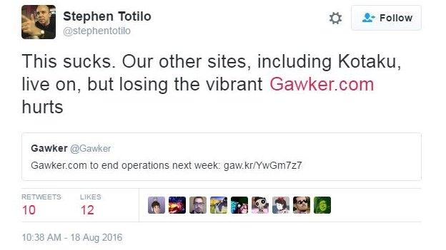 tweet reads -"Our other sites, including Kotaku, live on, but losing the vibrant Gawker.com hurts,"