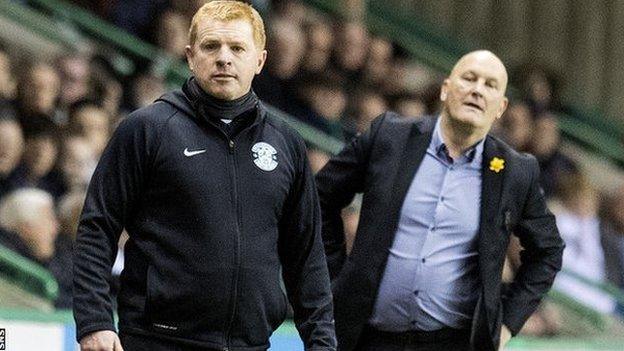 Hibs boss Neil Lennon and Morton counterpart Jim Duffy