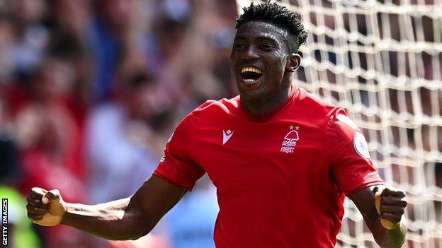 Taiwo Awoniyi celebrates scoring for Nottingham Forest against West Ham