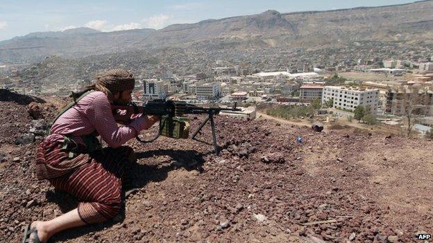 Houthi fighter holds a position in the Yemeni capital Sanaa