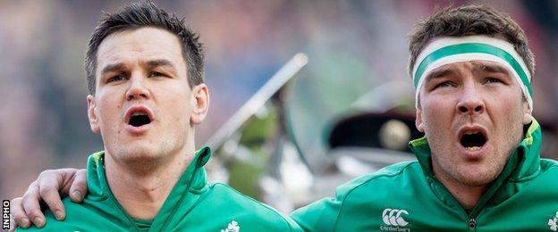 Johnny Sexton and Peter O'Mahony sing Ireland's national anthem before this year's Six Nations game against Italy