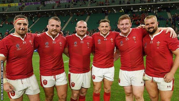 Wales' front row players line up after their 2019 World Cup quarter final win against France