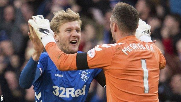 Rangers centre-half Joe Worrall and goalkeeper Allan McGregor celebrate against Celtic