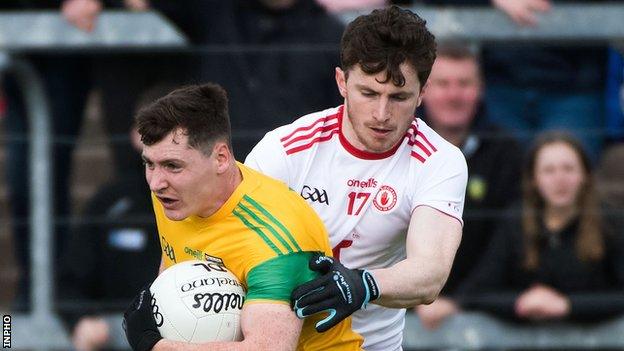 Tyrone's Rory Brennan at close quarters with Donegal's Jamie Brennan in last year's Ulster SFC semi-final