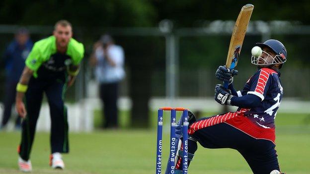 That was close - USA batsman Adil Bhatti takes evasive action from a John Mooney delivery