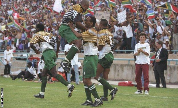 South Africa celebrate scoring against Tunisia