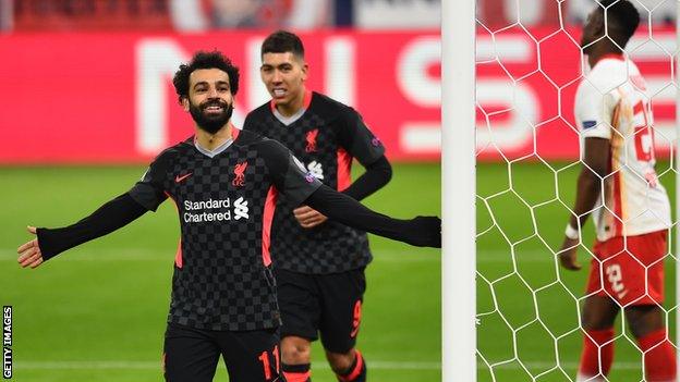 Mohamed Salah celebrates scoring against RB Leipzig