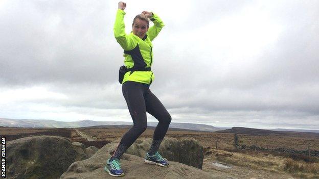 Joanne Graham at Stanage Pole in the Peak District during a London Marathon training run