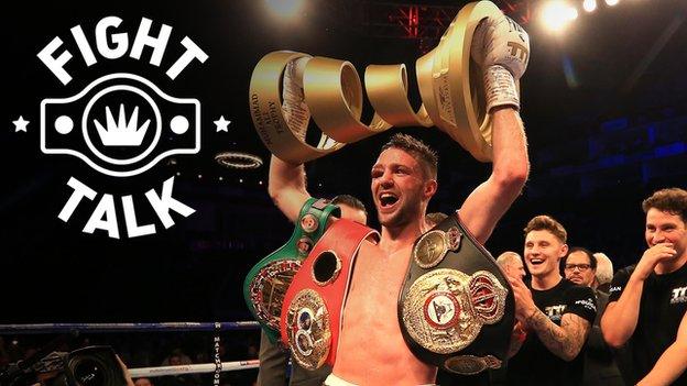 Josh Taylor lifting the Muhammad Ali trophy