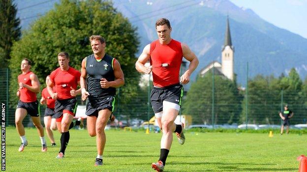 George North, Dan Biggar, Scott Williams and Hallam Amos running at Wales'' pre-World Cup training camp in Switzerland in 2015